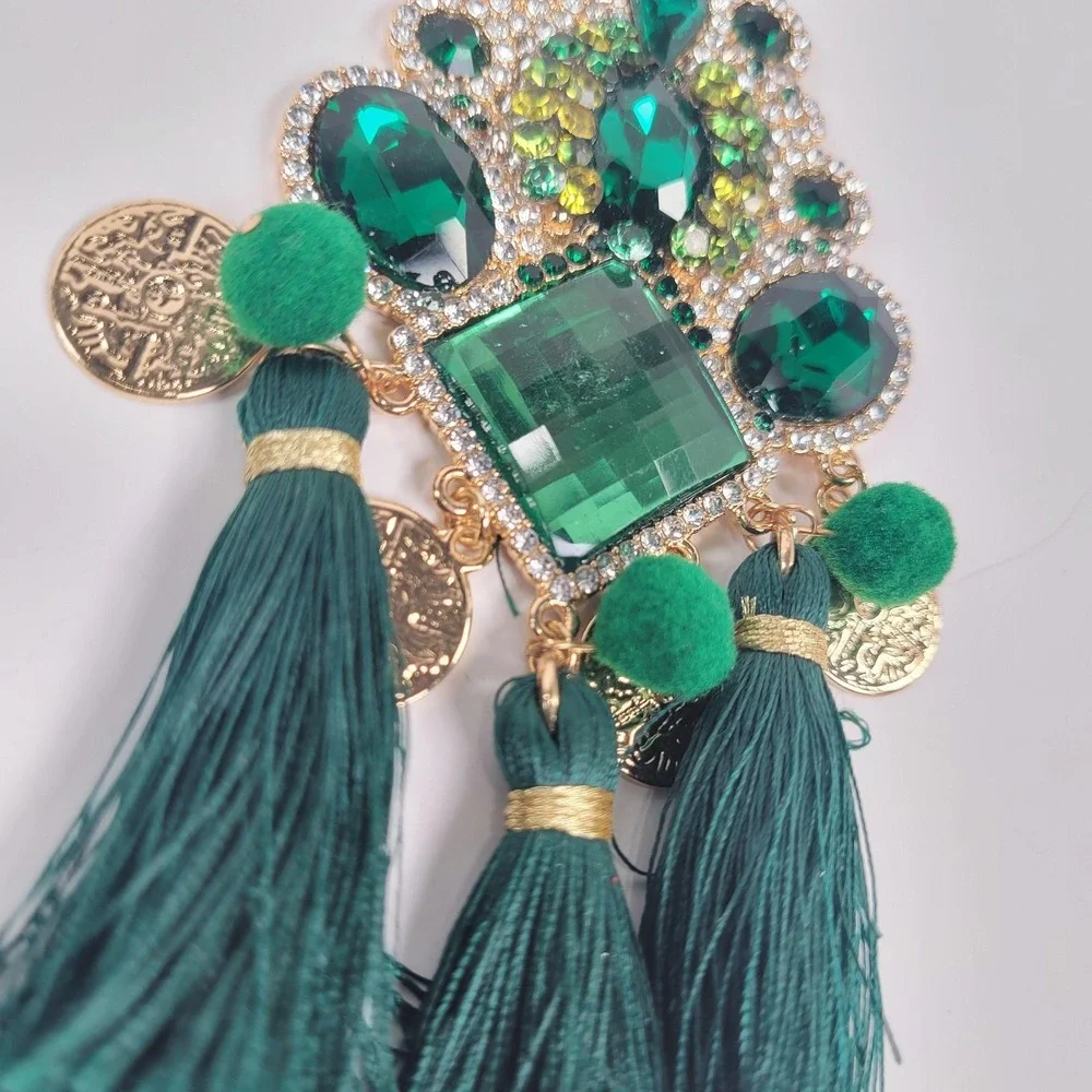 Huge Emerald Green Tassel Chandelier Earrings Rhinestone Dangle Boho Jewelry